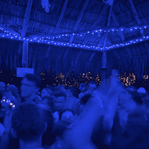 Photo of a crowd of people in a dark hut with bright blue fairy lights