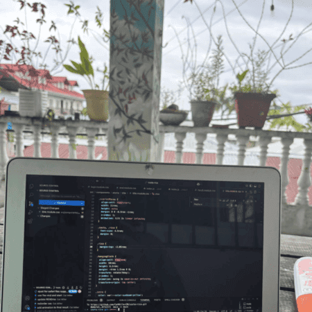 Laptop pictured with potted plants and a rainy sky in the background