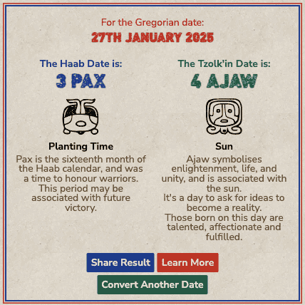 Mayan Calendar Codex result page