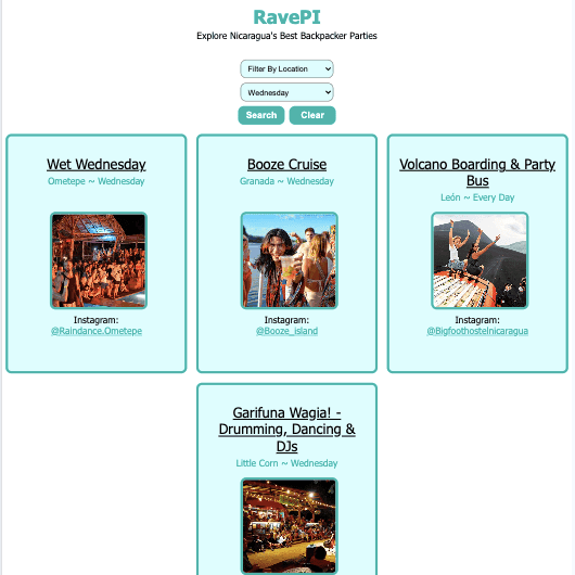 RavePI's frontend page when filtered for Wednesday