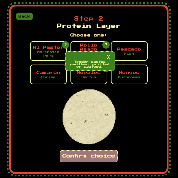 Bit-By-Bit Taco Builder app protein layer screen with information box open
