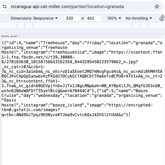 RavePI's backend result showing an array of parties with data when filtered