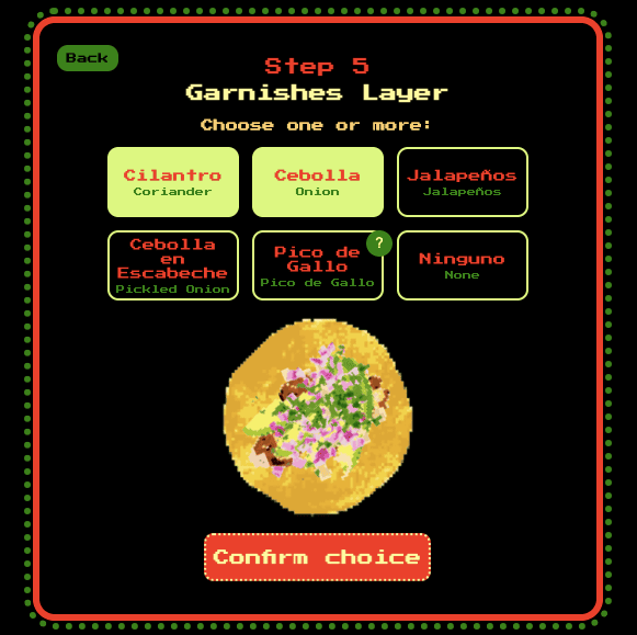 Bit-By-Bit Taco Builder app garnishes layer screen